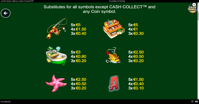 lucky bass mega cash collect paytable 1 paytable
