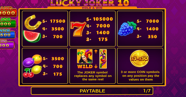 lucky joker 10 hold and win paytable paytable