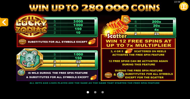 lucky zodiac paytable 1 paytable