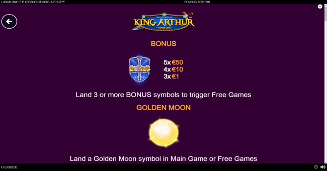 lunar link the legend of king arthur paytable 1 paytable