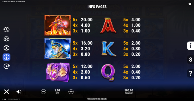 luxor secrets hold n win paytable 1 paytable