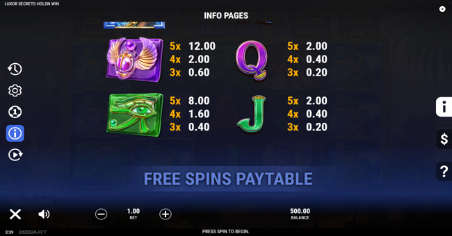 luxor secrets hold n win paytable 2 paytable