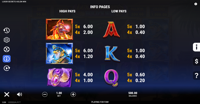 luxor secrets hold n win paytable 3 paytable