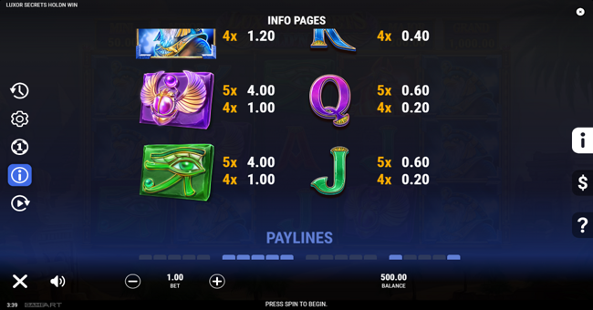 luxor secrets hold n win paytable 4 paytable