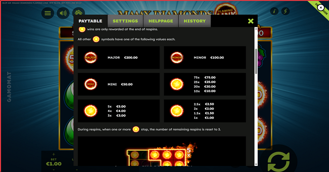 maaax diamonds flaming link paytable 1 paytable