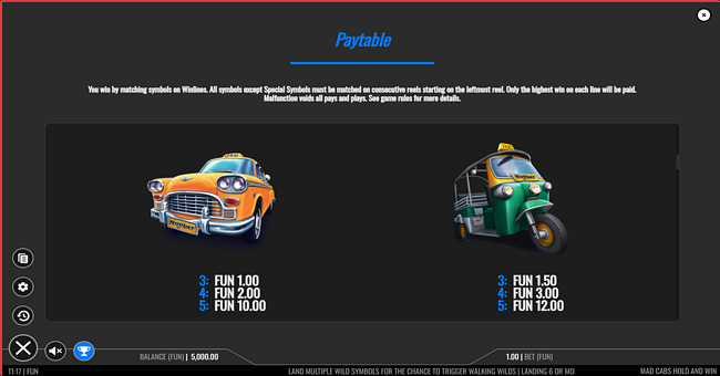 mad cabs hold and win paytable 3 paytable