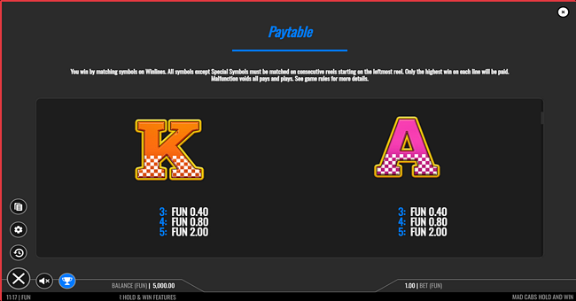 mad cabs hold and win paytable 4 paytable