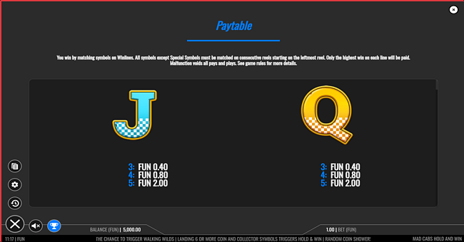 mad cabs hold and win paytable 5 paytable