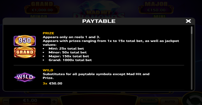 mad hit diamonds paytable 1 paytable