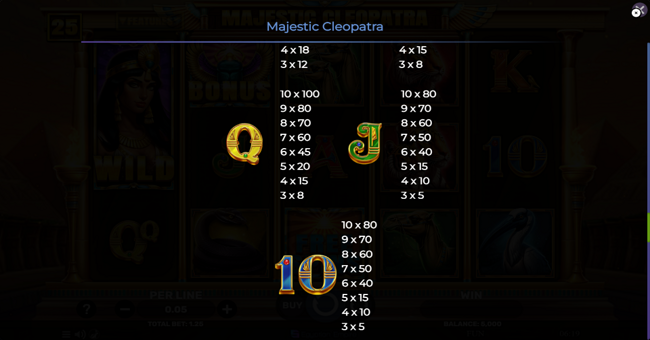 majestic cleopatra paytable 3 paytable