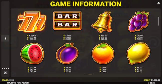 majestic fury power 5 paytable 1 paytable