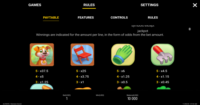 mansion secrets paytable 1 paytable