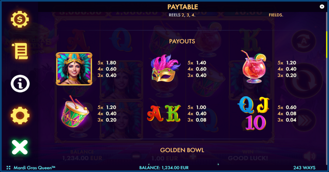 mardi gras queen paytable paytable