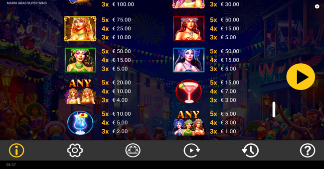 mardi gras super wins paytable paytable