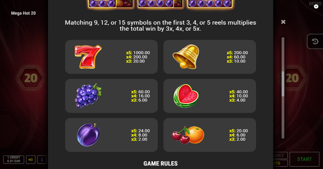 mega hot 20 paytable paytable