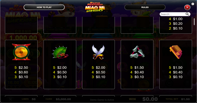 miao mi warriors paytable 2 paytable