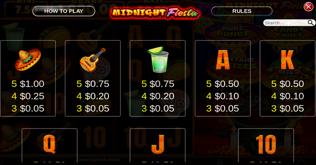 midnight fiesta paytable 2 paytable