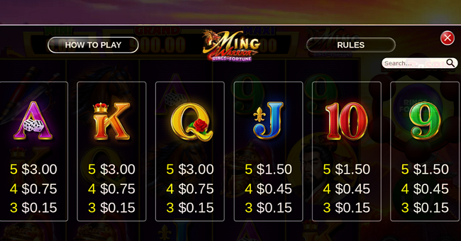ming warrior rings of fortune paytable 2 paytable