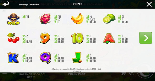 monkeys double pot paytable paytable