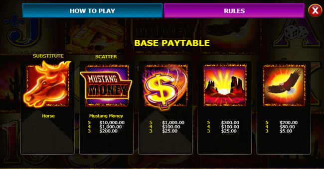 mustang money paytable paytable