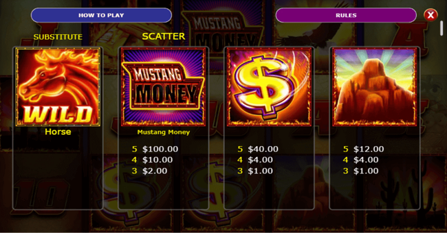 mustang money rr paytable paytable