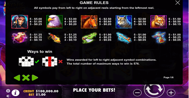 mystic chief paytable paytable