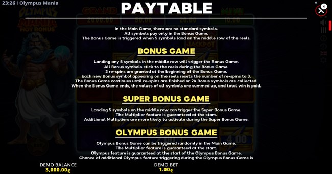 olympus mania hot bonus paytable paytable