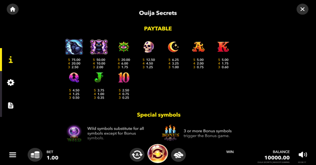 ouija secrets paytable paytable