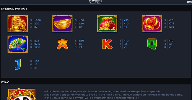 pandas coins paytable paytable