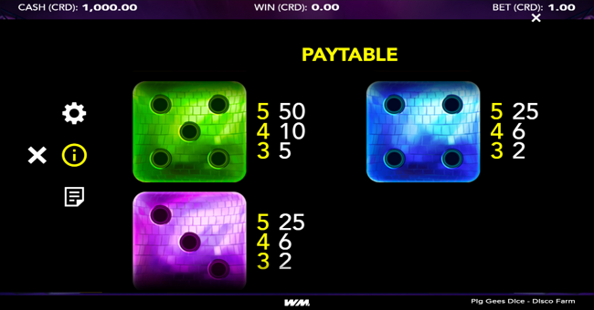 pig gees dice disco farm paytable 2 paytable