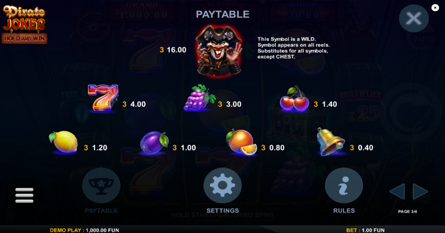 pirate joker hold and win paytable paytable