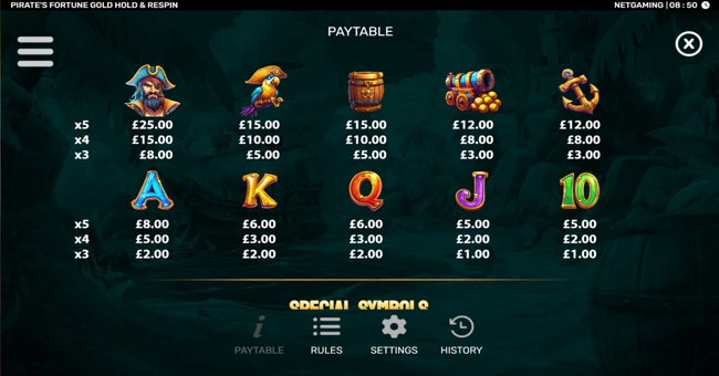 pirates fortune gold hold and respin paytable 1 paytable