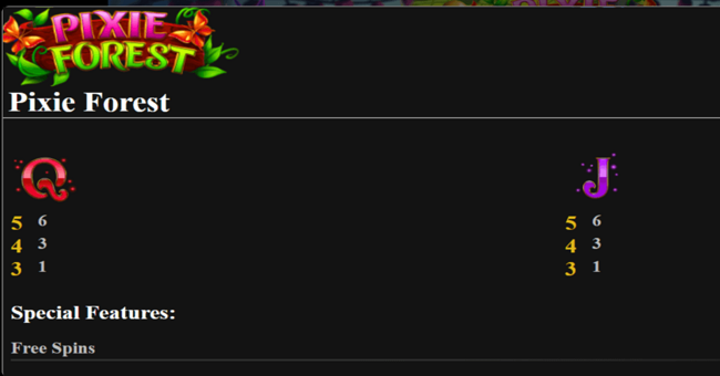 pixie forest paytable 5 paytable