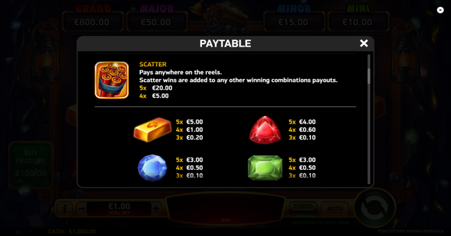 pokerstars mining bonanza paytable 1 paytable