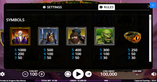 portals and dragons buy bonus paytable 1 paytable