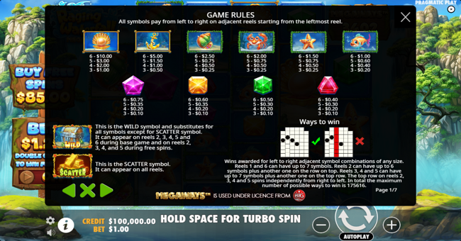 raging waterfall megaways paytable paytable