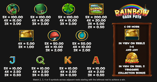 rainbow cash pots paytable paytable