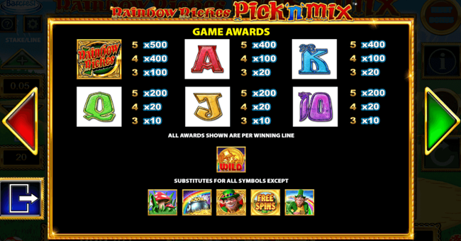 rainbow riches pick n mix paytable paytable