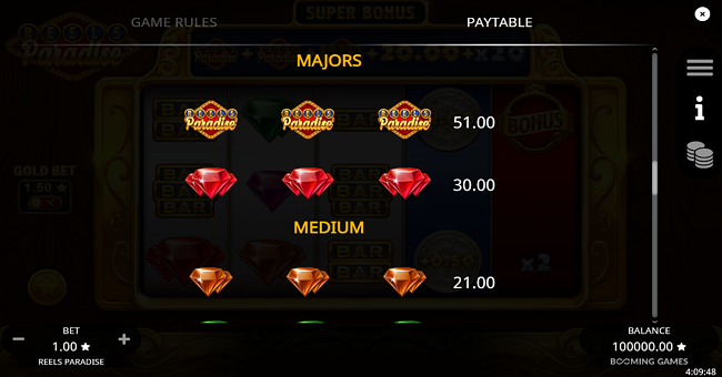 reels paradise paytable 1 paytable