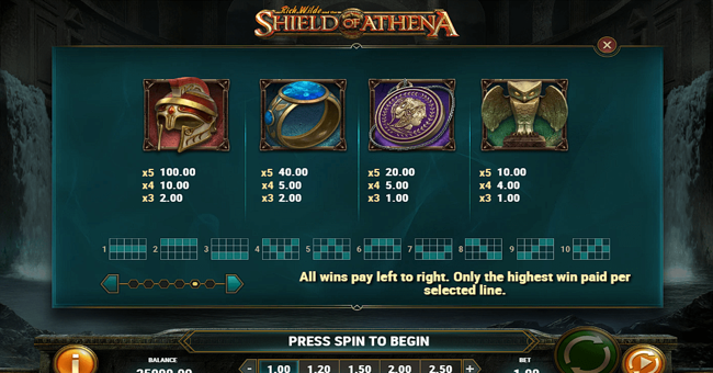 rich wilde and the shield of athena paytable 1 paytable