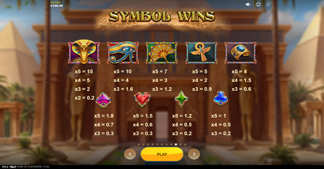rise of cleopatra paytable 1 paytable
