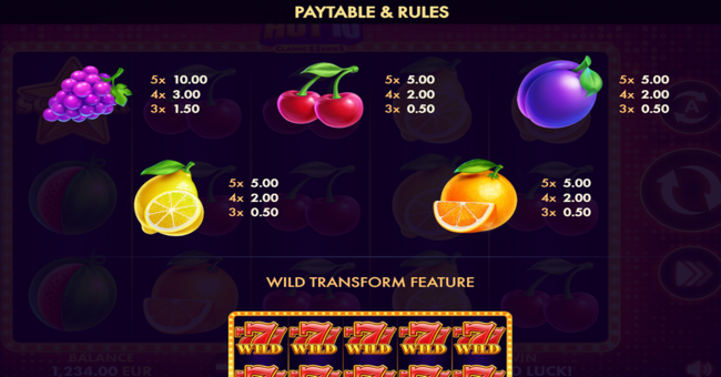 rollin hot 10 classic series paytable 2 paytable