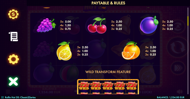 rollin hot 20 classic series paytable 2 paytable