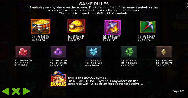 rolling in treasures paytable 1 paytable