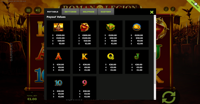 roman legion deluxe paytable paytable