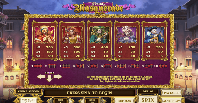 royal masquerade paytable 1 paytable