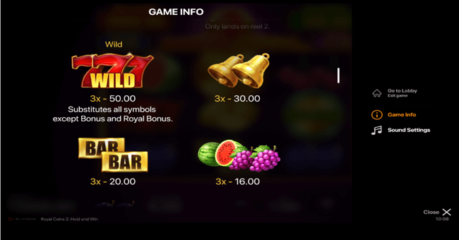 royal coins 2 hold and win paytable 1a paytable