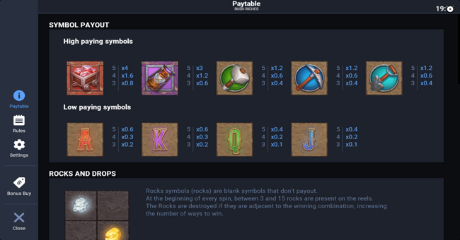 rush riches paytable paytable