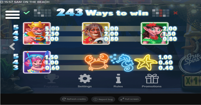 sam on the beach paytable paytable