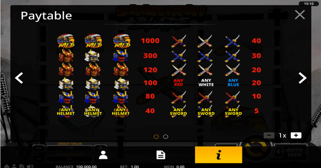 samurai blade paytable 1 paytable